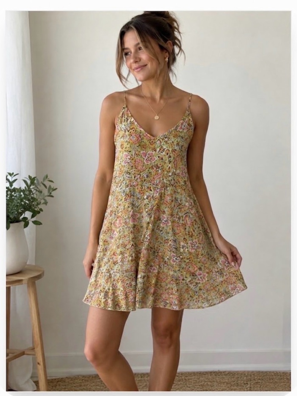 Active USA Floral spaghetti Strap Dress in Mustard & Pink